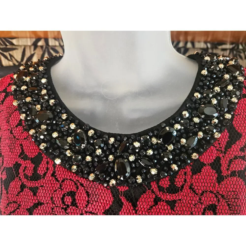 Eliza J Sz 4P Red/Blk Floral Dress Beaded Collar Lace Fit and Flare - Picture 7 of 13